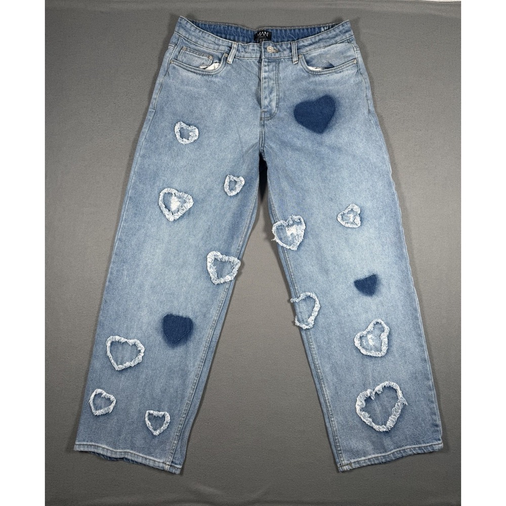 BoohooMAN Mens Heart Patchwork Jeans Light Wash Distressed Skate Size 34